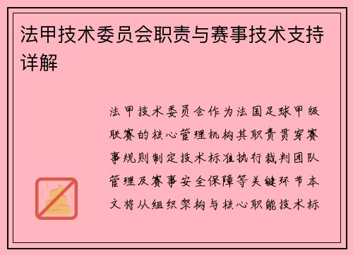 法甲技术委员会职责与赛事技术支持详解